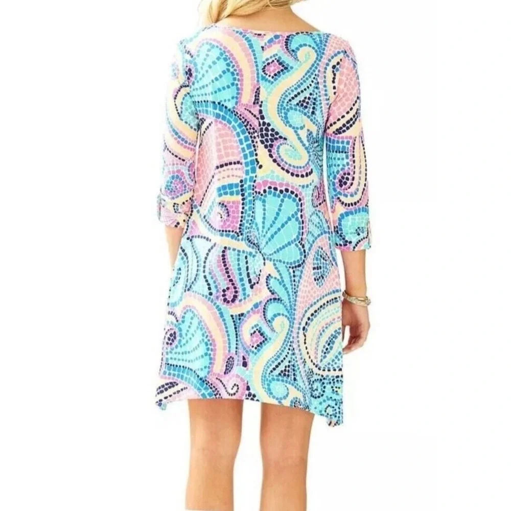 Lilly Pulitzer Edna Swing Dress 3/4 Sleeve Colorful Vacation Sea Pima Cotton XS - Picture 2 of 7